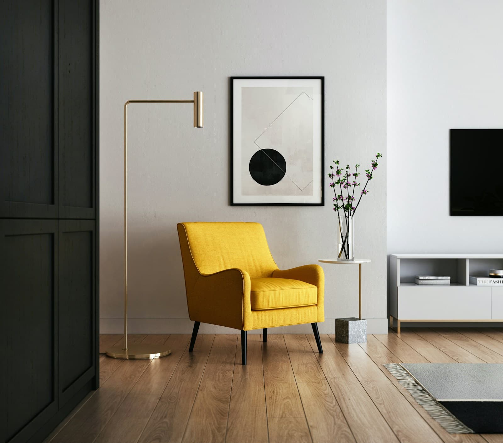 Yellow armchair beside a black door