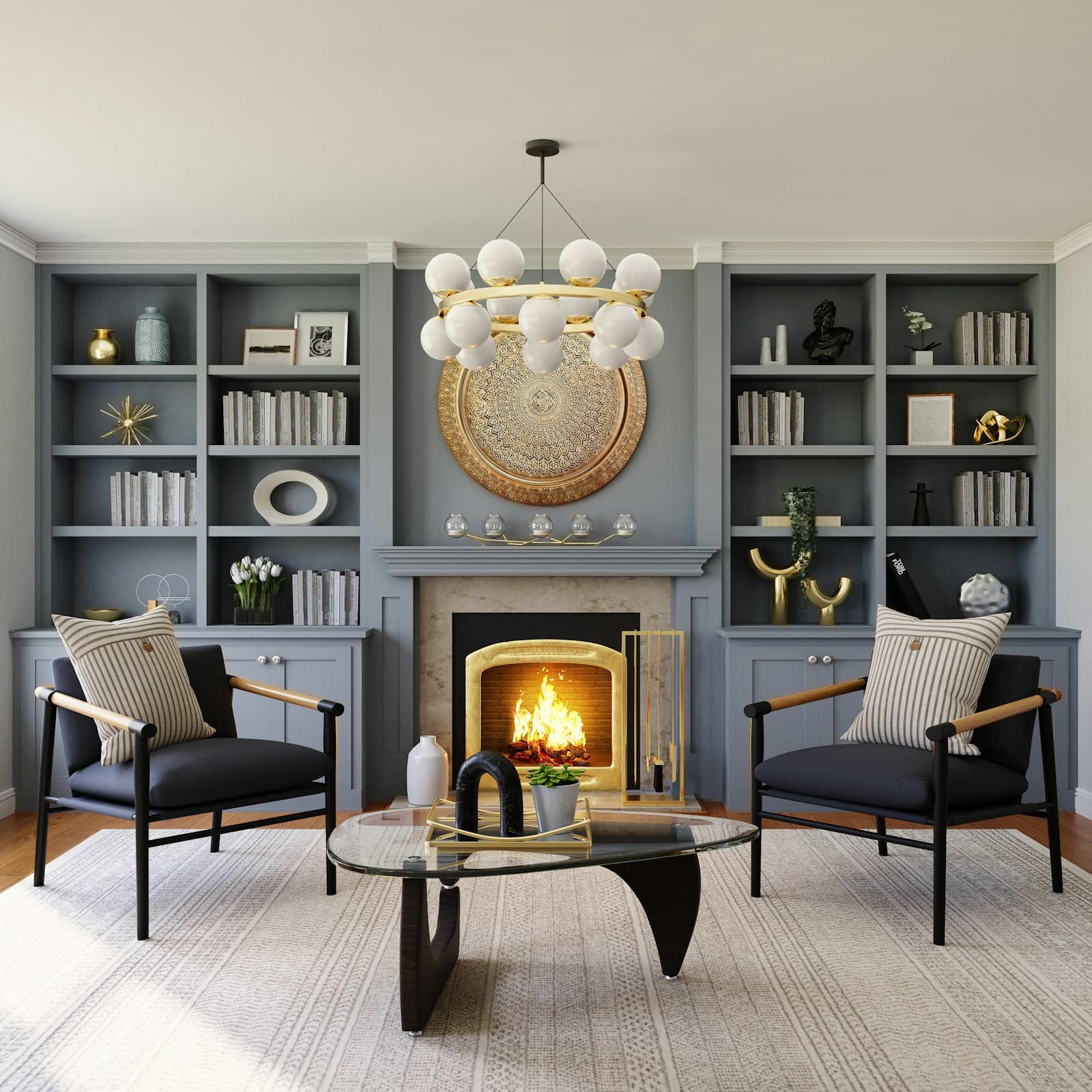 Gray bookshelves and seating beside a fireplace