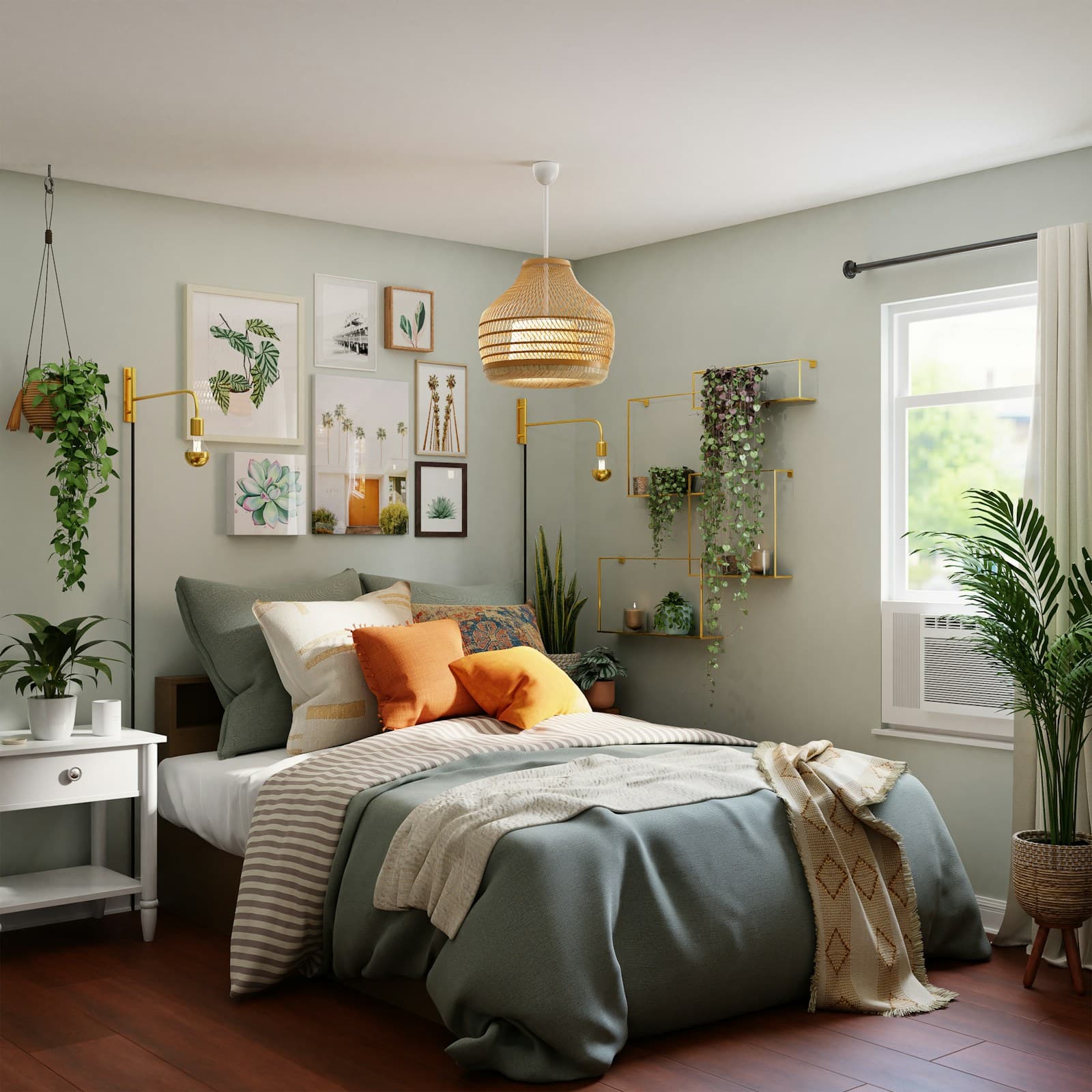Soft bedroom with plants and bohemian furnishings
