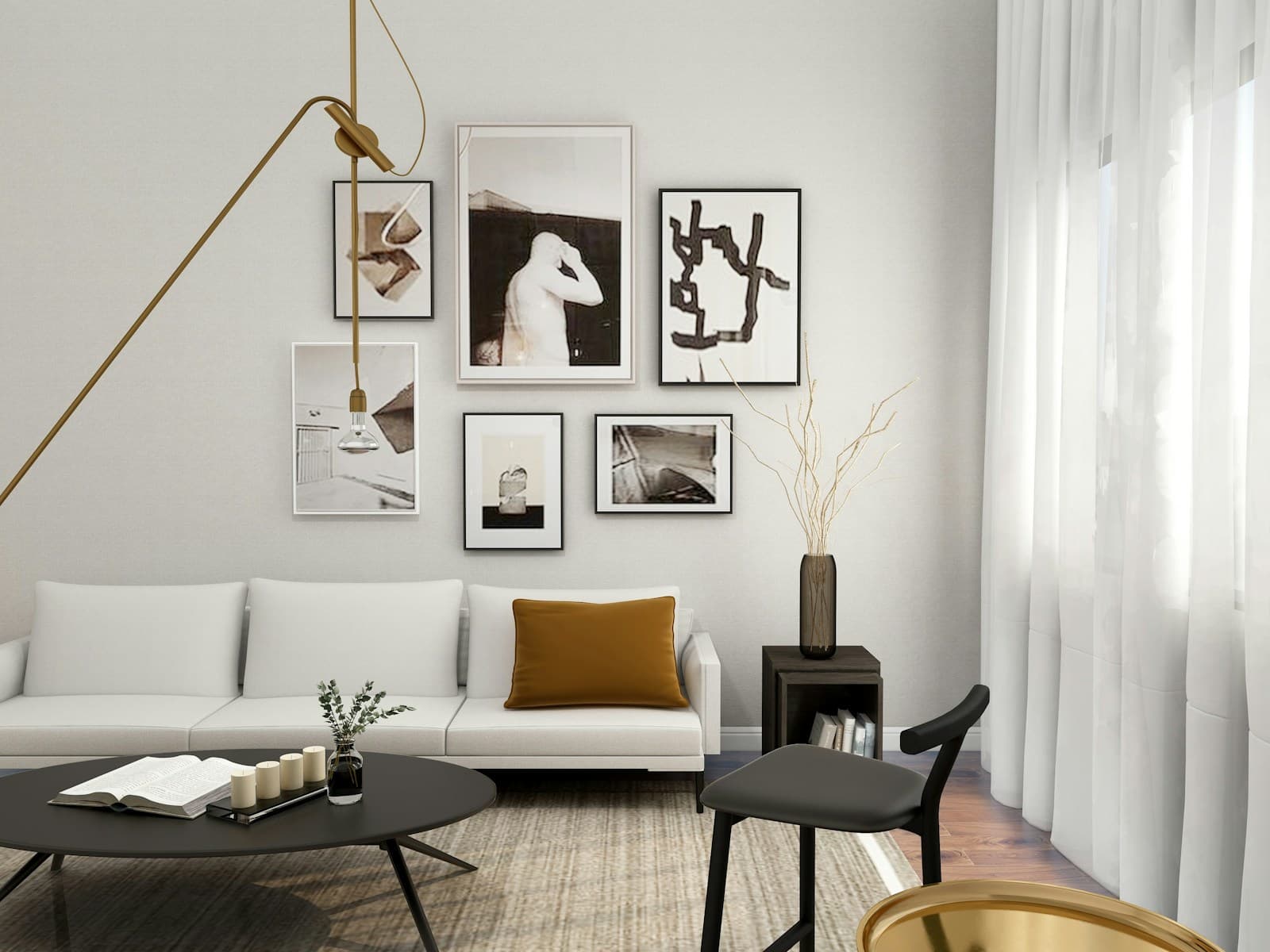 Minimal cream couch with framed prints