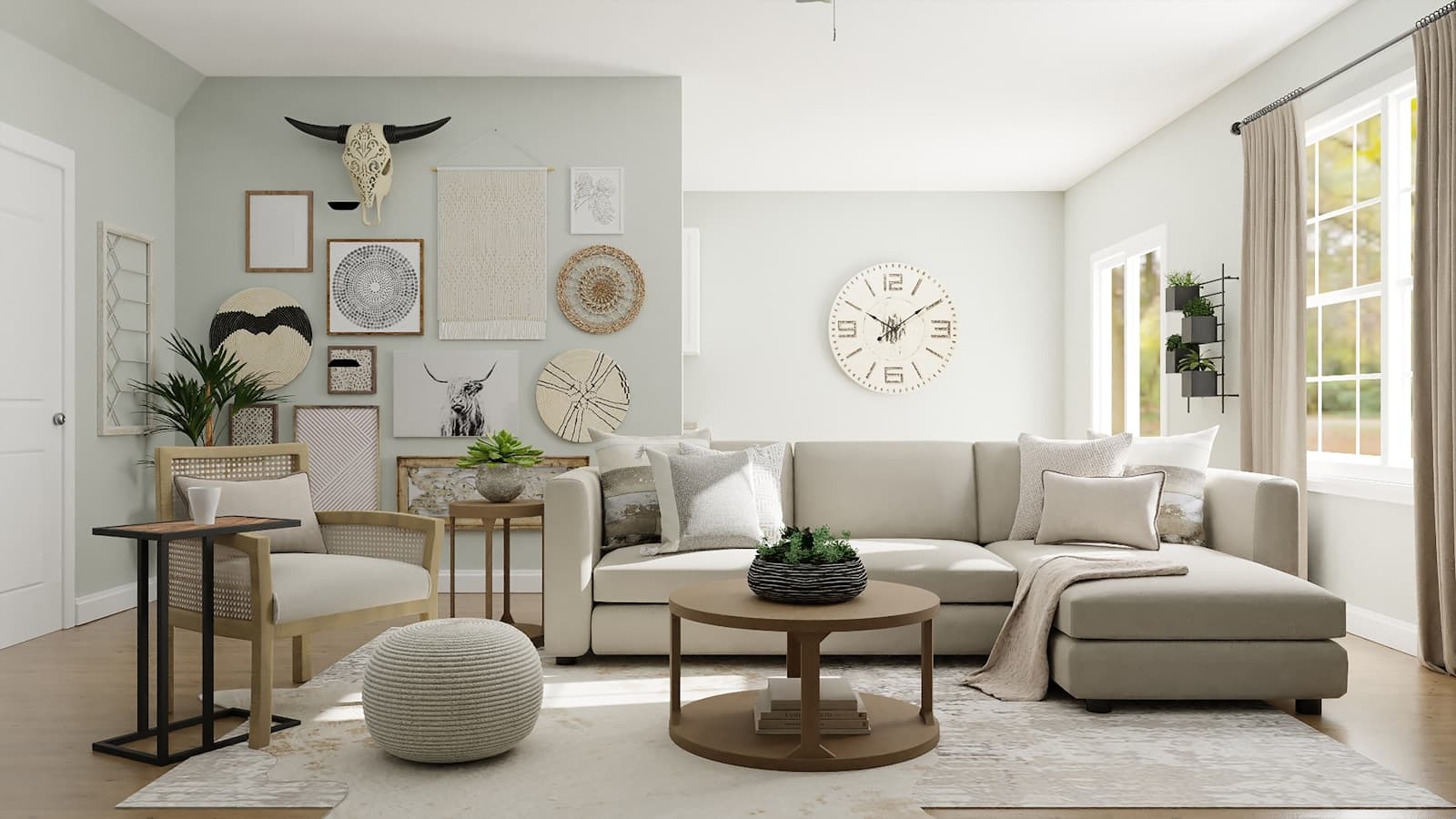 Personality-filled living room with plants, soft textiles, and warm wood