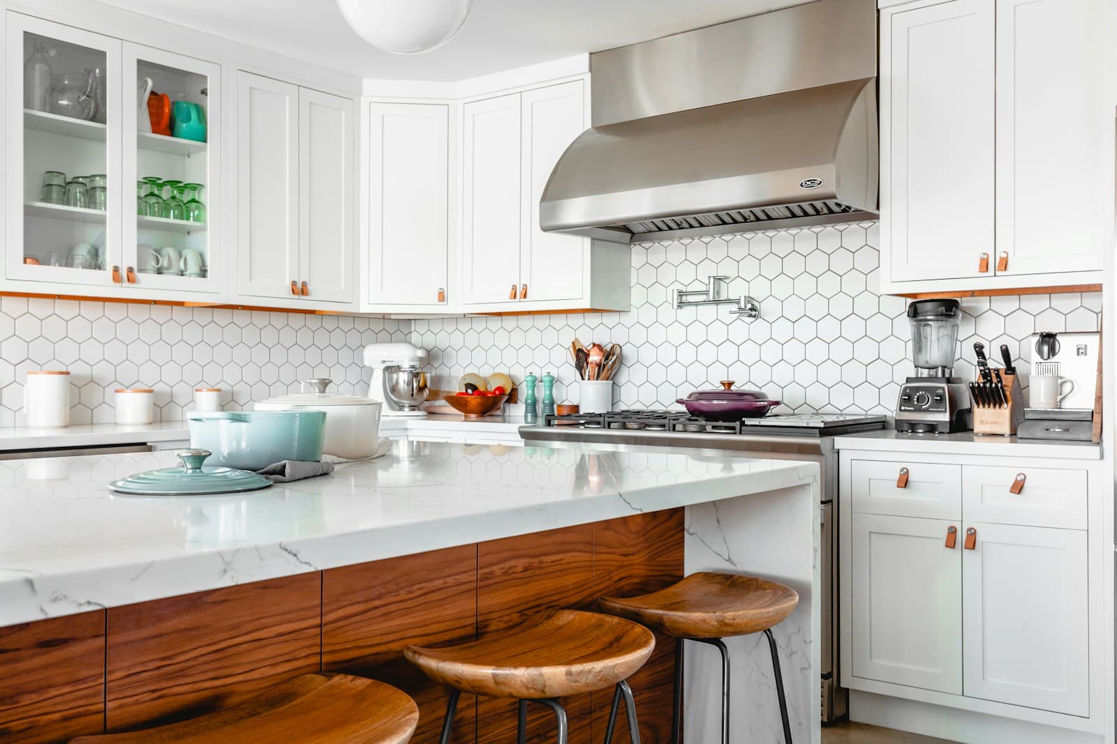 Welcoming kitchen with bright surfaces and wood accents